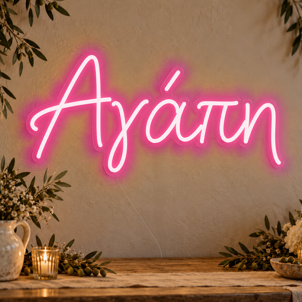 Agapi Greek Love Neon Sign in rose red LED neon on clear acrylic, angled view