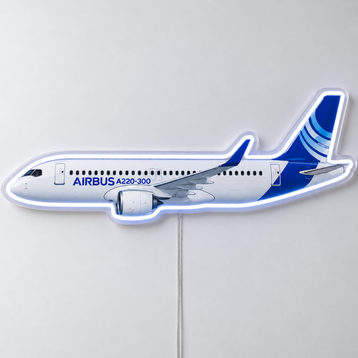 Airbus A220 Neon Sign with printed aircraft details and an illuminated LED outline on clear acrylic, shown from the front on a white surface
