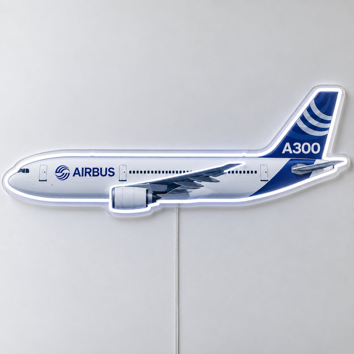 Airbus A300 Neon Sign with printed aircraft details and an illuminated LED outline on clear acrylic, shown from the front on a white surface