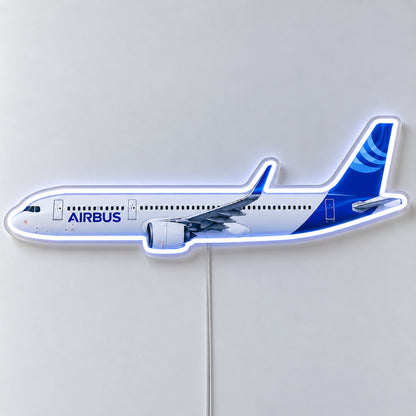 Airbus A321neo Neon Sign with printed aircraft details and an illuminated LED outline on clear acrylic, shown from the front on a white surface