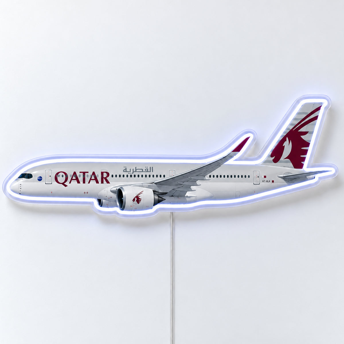 Airbus A350-900 Qatar Airways Neon Sign with printed aircraft details and an illuminated LED outline on clear acrylic, shown from the front on a white surface, registration A7-ALA