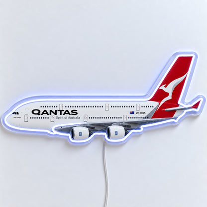 Airbus A380 Qantas Neon Sign with printed aircraft details and an illuminated LED outline on clear acrylic, shown from the front on a white surface, registration VH-OQK