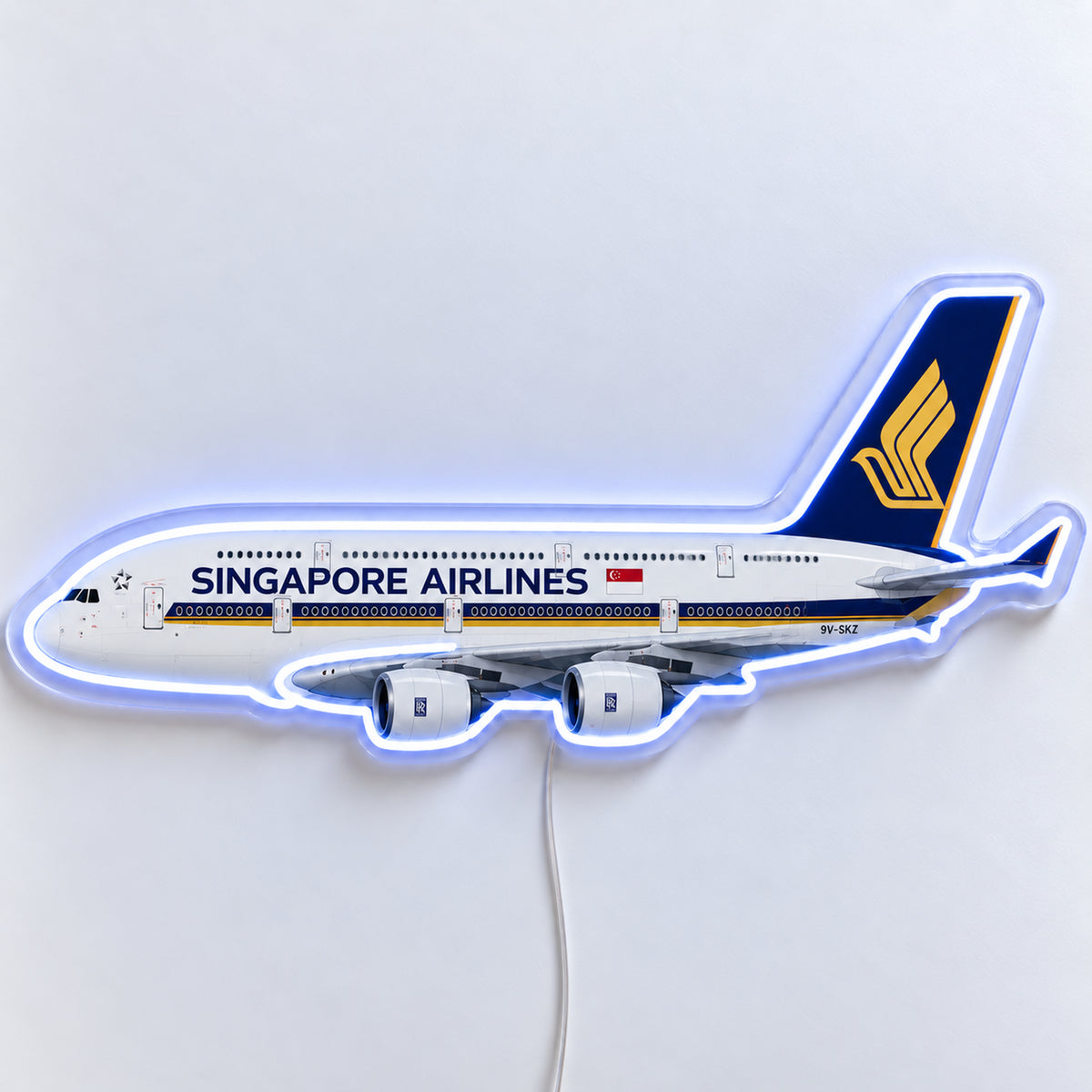 Airbus A380 Singapore Airlines Neon Sign with printed aircraft details and an illuminated LED outline on clear acrylic, shown from the front on a white surface, registration 9V-SKZ