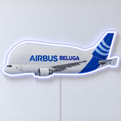 Airbus Beluga Neon Sign with printed aircraft details and an illuminated LED outline on clear acrylic, shown from the front on a white surface