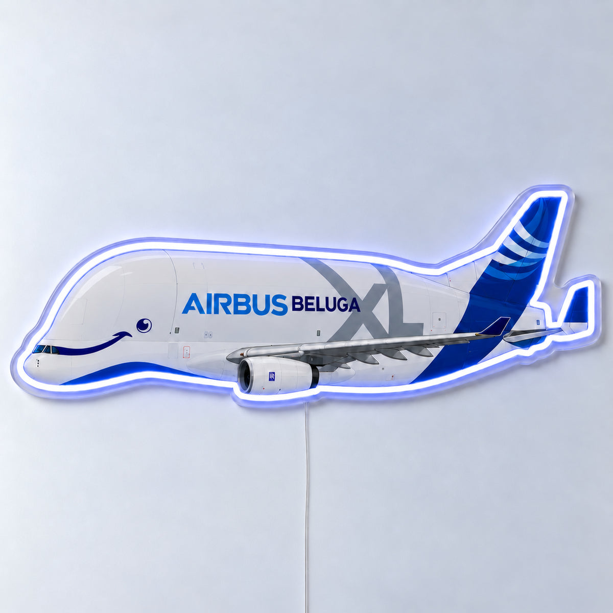 Airbus Beluga XL Neon Sign with printed aircraft details and an illuminated LED outline on clear acrylic, shown from the front on a white surface