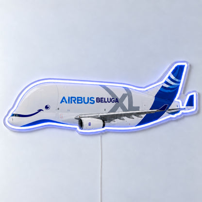 Airbus Beluga XL Neon Sign with printed aircraft details and an illuminated LED outline on clear acrylic, shown from the front on a white surface