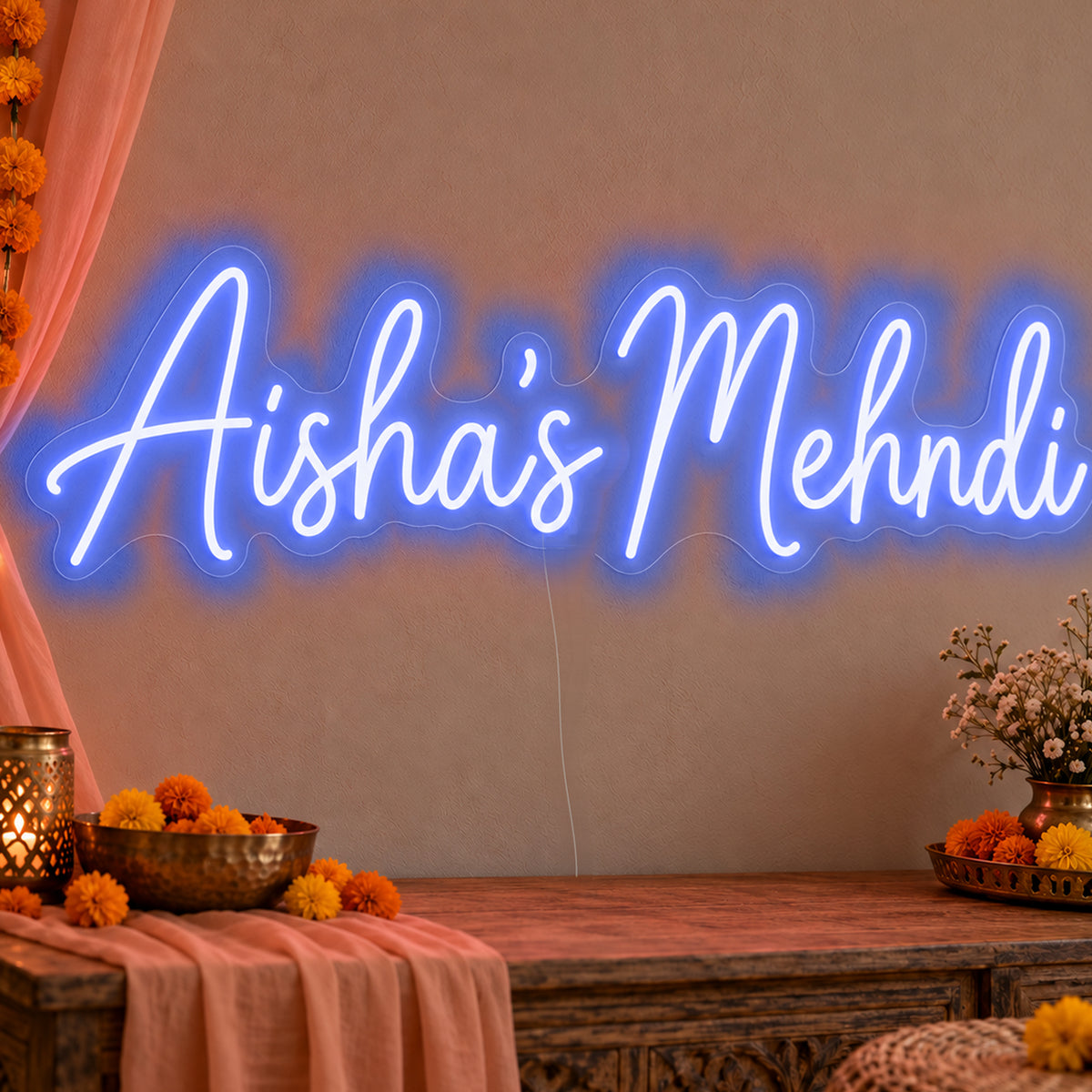 Personalised Mehndi Neon Sign in blue LED neon on clear acrylic, angled view