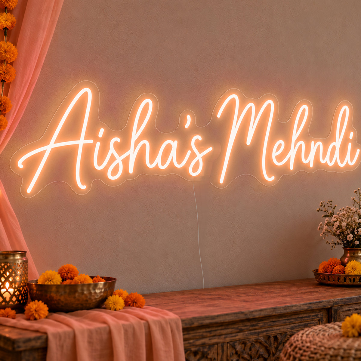 Personalised Mehndi Neon Sign in orange LED neon on clear acrylic, angled view