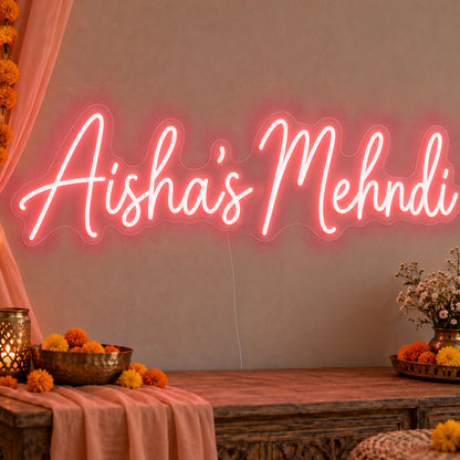 Personalised Mehndi Neon Sign in red LED neon on clear acrylic, angled view