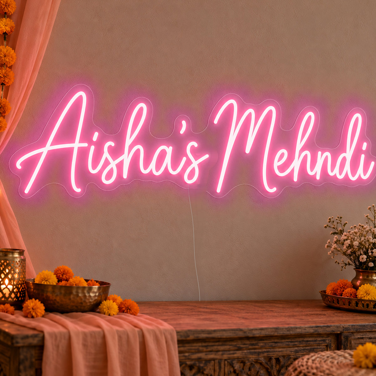 Personalised Mehndi Neon Sign in rose red LED neon on clear acrylic, angled view