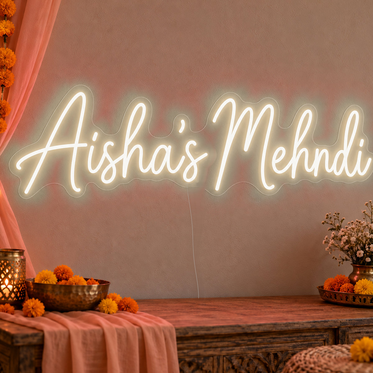 Personalised Mehndi Neon Sign in warm white LED neon on clear acrylic, angled view