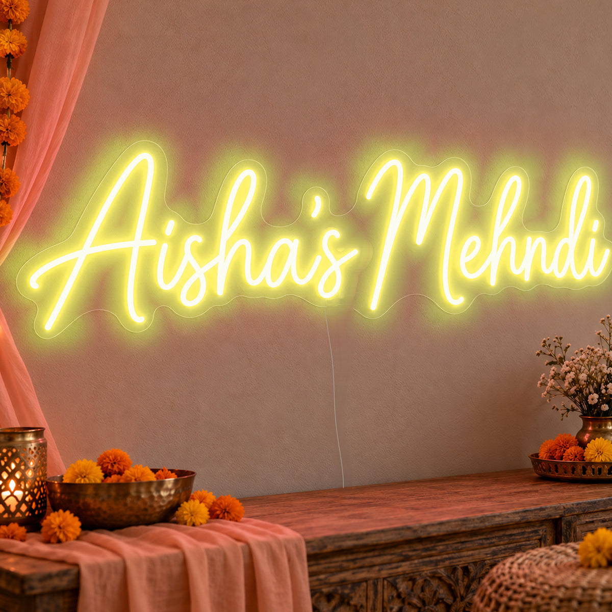 Personalised Mehndi Neon Sign in yellow LED neon on clear acrylic, angled view
