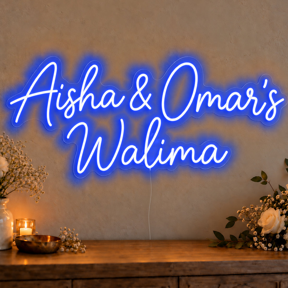 Personalised Walima Neon Sign in blue LED neon on clear acrylic, angled view