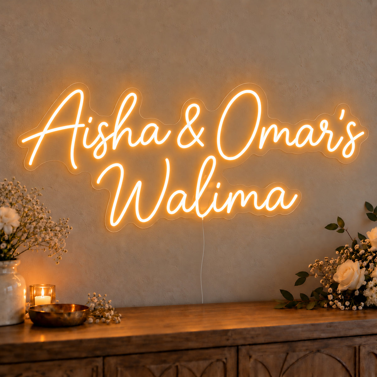Personalised Walima Neon Sign on clear cut-to-shape acrylic, illuminated on a wall in a styled celebration setting; sample personalised wording shown