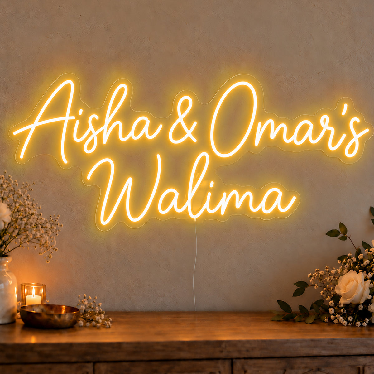 Personalised Walima Neon Sign in gold LED neon on clear acrylic, angled view