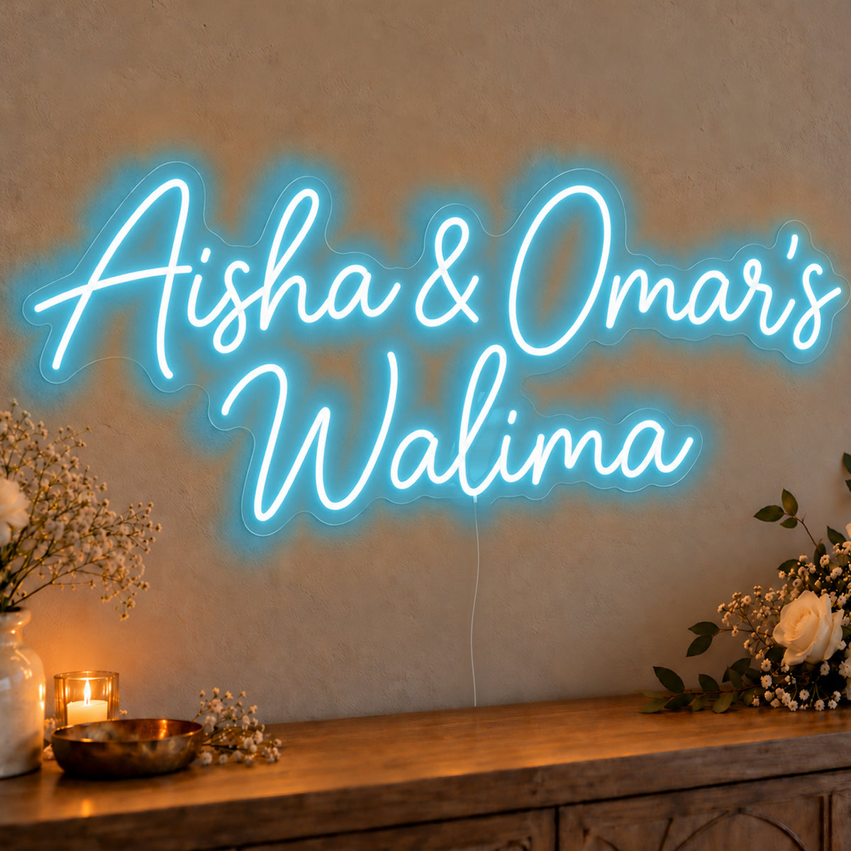 Personalised Walima Neon Sign in ice blue LED neon on clear acrylic, angled view