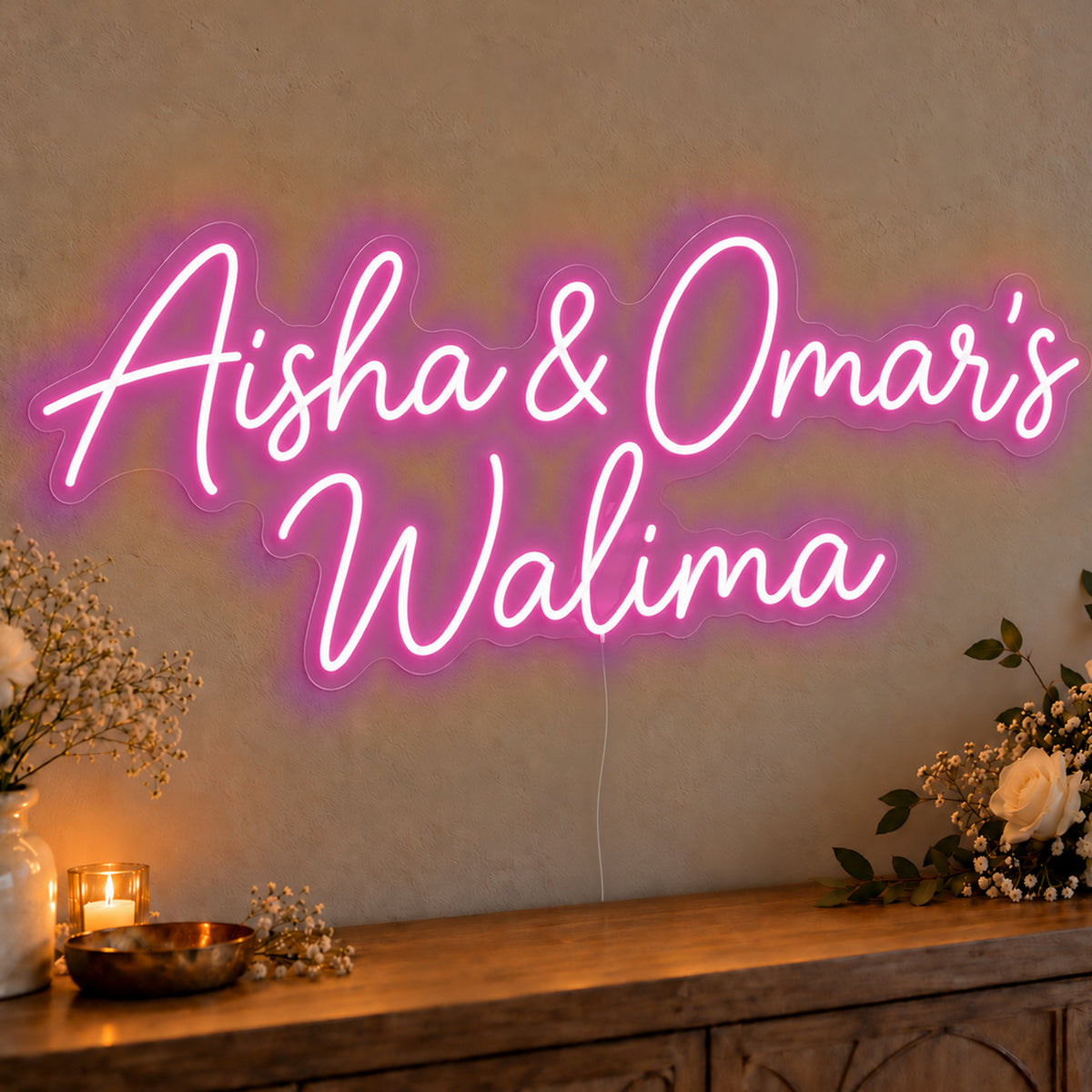 Personalised Walima Neon Sign in pink LED neon on clear acrylic, angled view