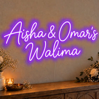 Personalised Walima Neon Sign in purple LED neon on clear acrylic, angled view