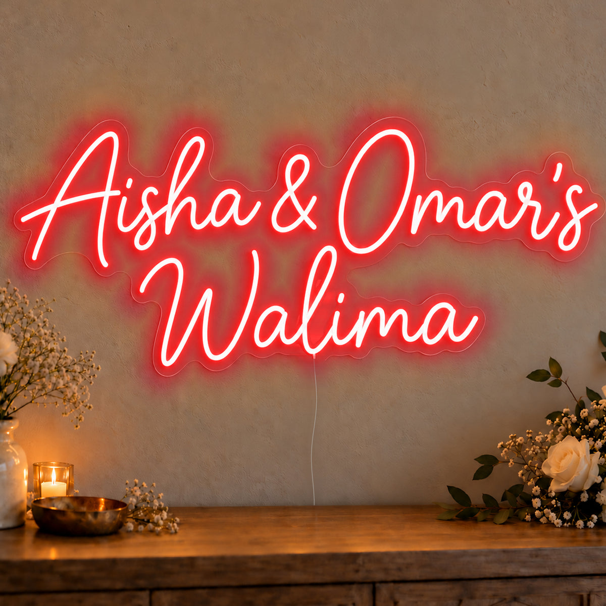 Personalised Walima Neon Sign in red LED neon on clear acrylic, angled view