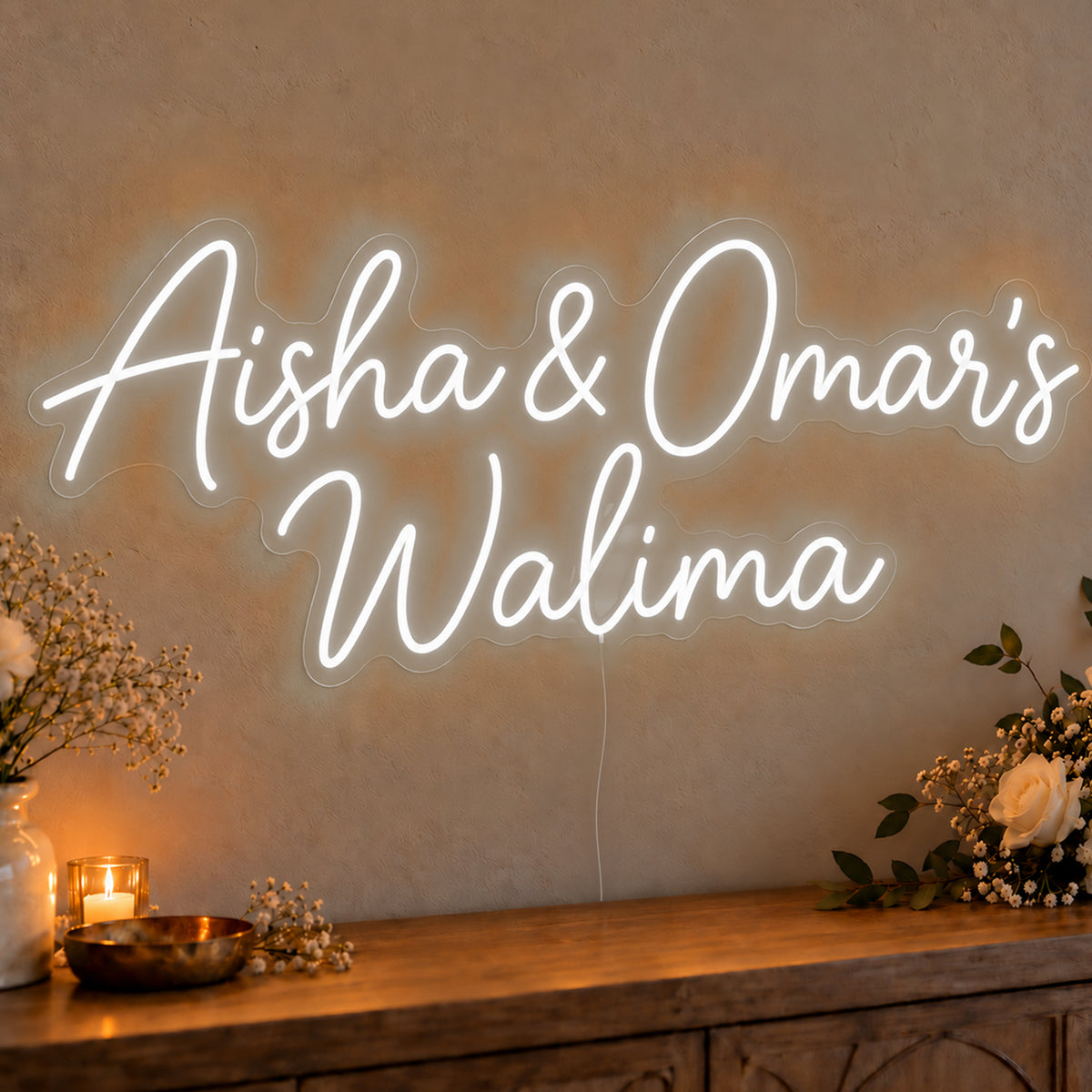 Personalised Walima Neon Sign in white LED neon on clear acrylic, angled view