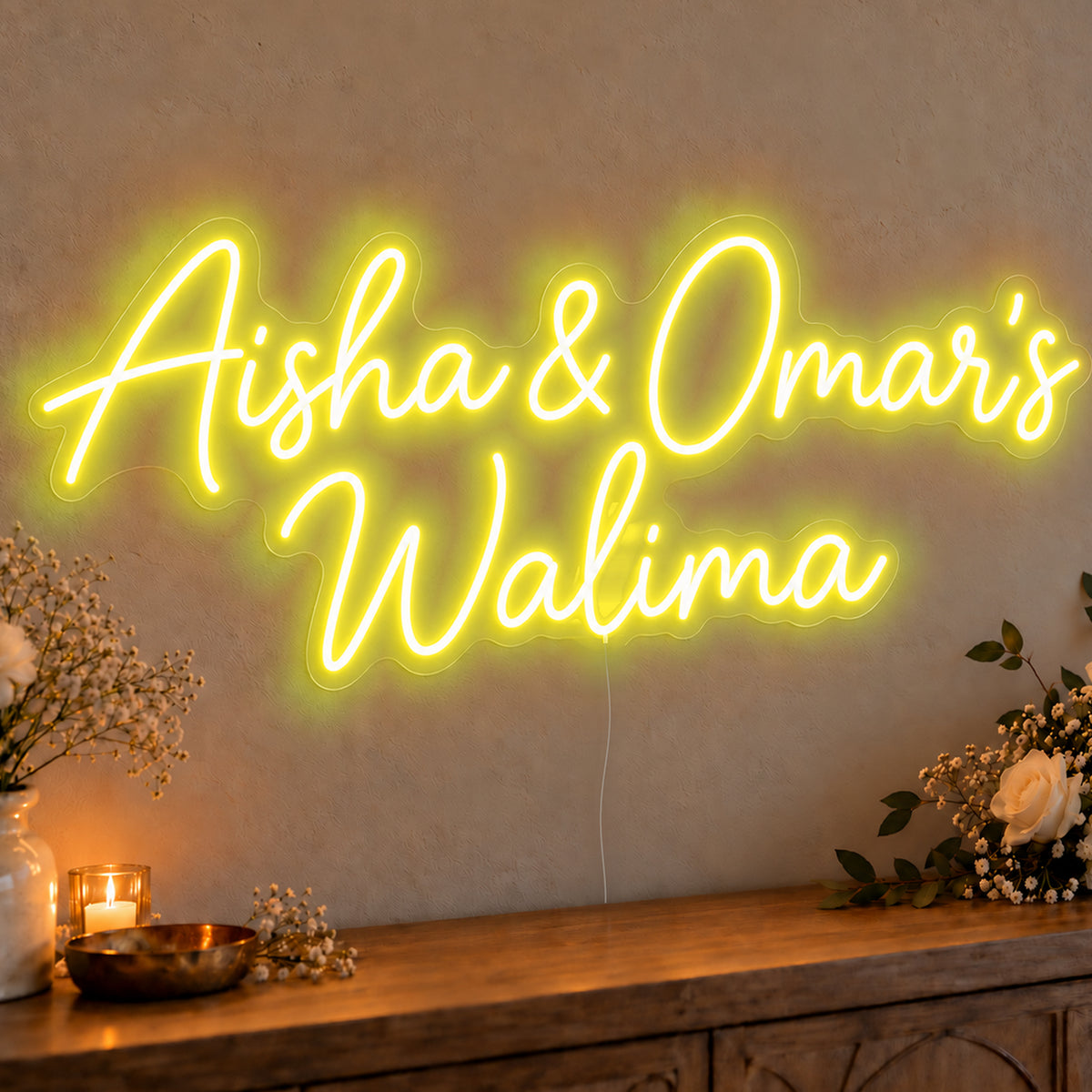 Personalised Walima Neon Sign in yellow LED neon on clear acrylic, angled view