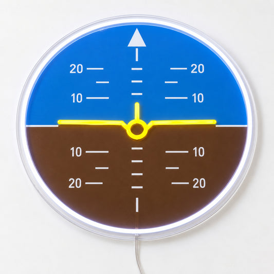 Attitude Indicator Neon Sign, featuring a cockpit-style attitude indicator, on a single clear acrylic backing displayed on a white surface.