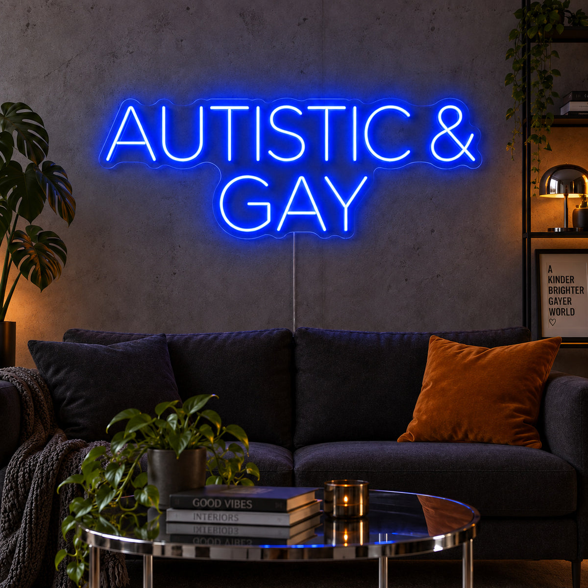 Autistic & Gay Neon Sign glowing blue above a dark sofa against a concrete wall.