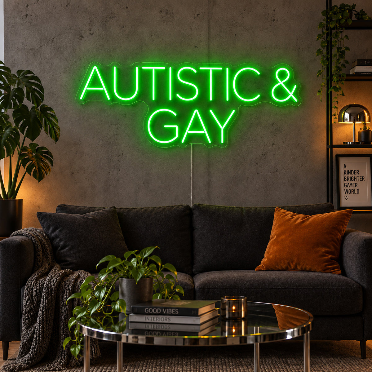 Autistic & Gay Neon Sign with green lighting, displayed above a dark sofa against a concrete wall.