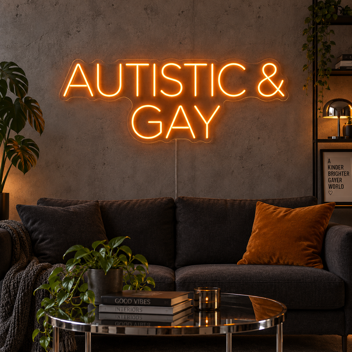 Autistic & Gay Neon Sign in orange above a dark sofa against a concrete wall.