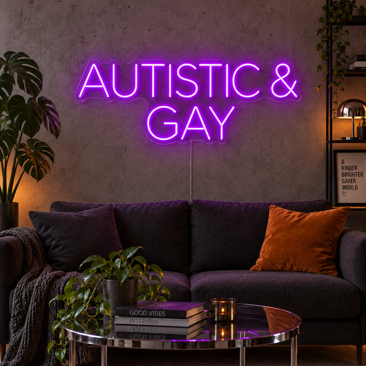 Autistic & Gay Neon Sign with purple lighting, displayed above a dark sofa against a concrete wall.