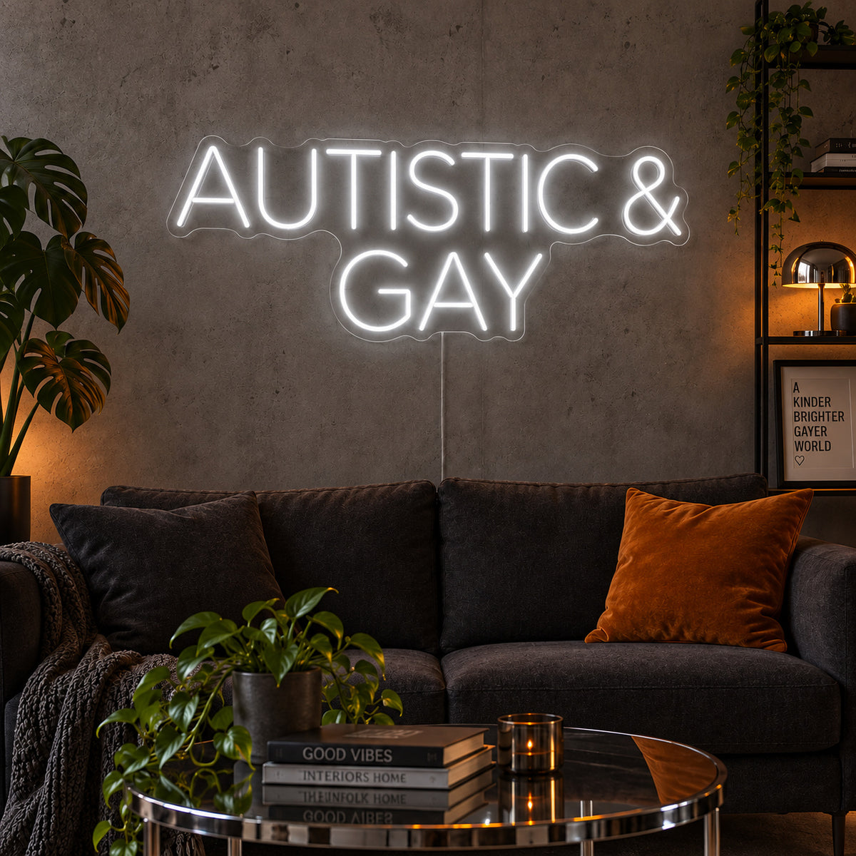 Autistic & Gay Neon Sign glowing white above a dark sofa against a concrete wall.