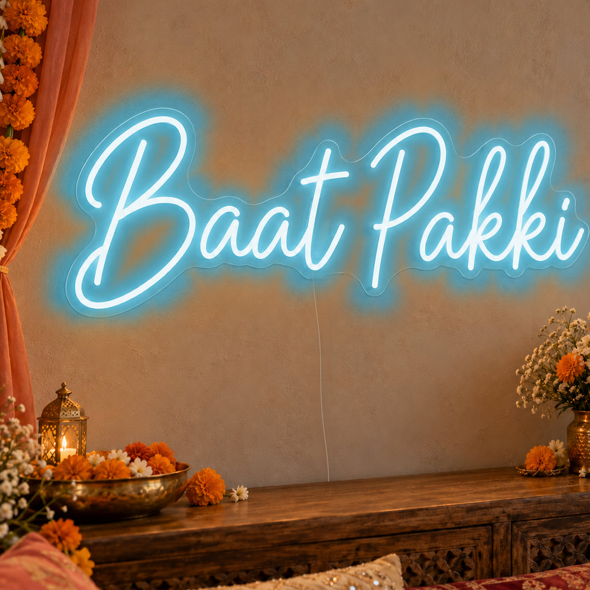 Baat Pakki Neon Sign in ice blue LED neon on clear acrylic, angled view