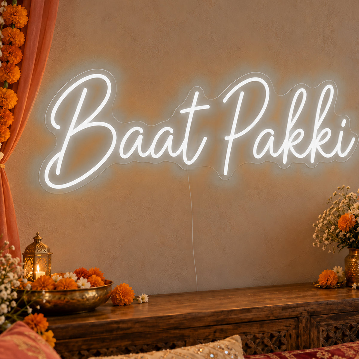 Baat Pakki Neon Sign in white LED neon on clear acrylic, angled view