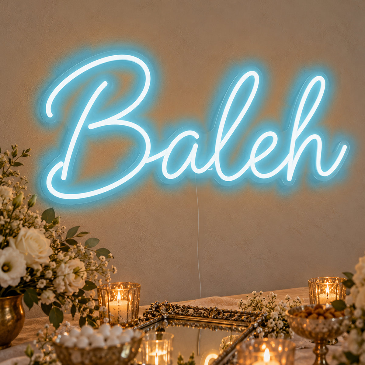 Baleh Neon Sign in ice blue LED neon on clear acrylic, angled view