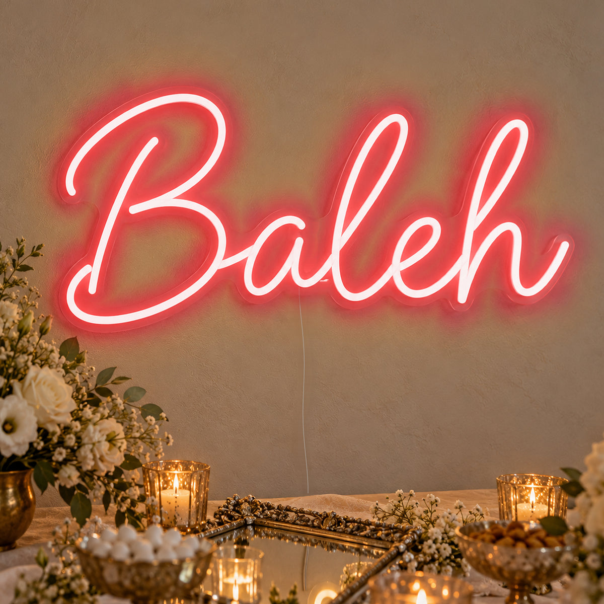 Baleh Neon Sign in red LED neon on clear acrylic, angled view