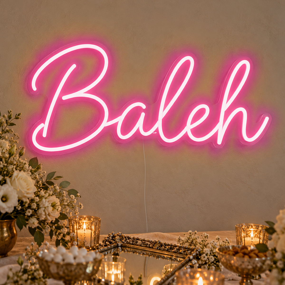 Baleh Neon Sign in rose red LED neon on clear acrylic, angled view