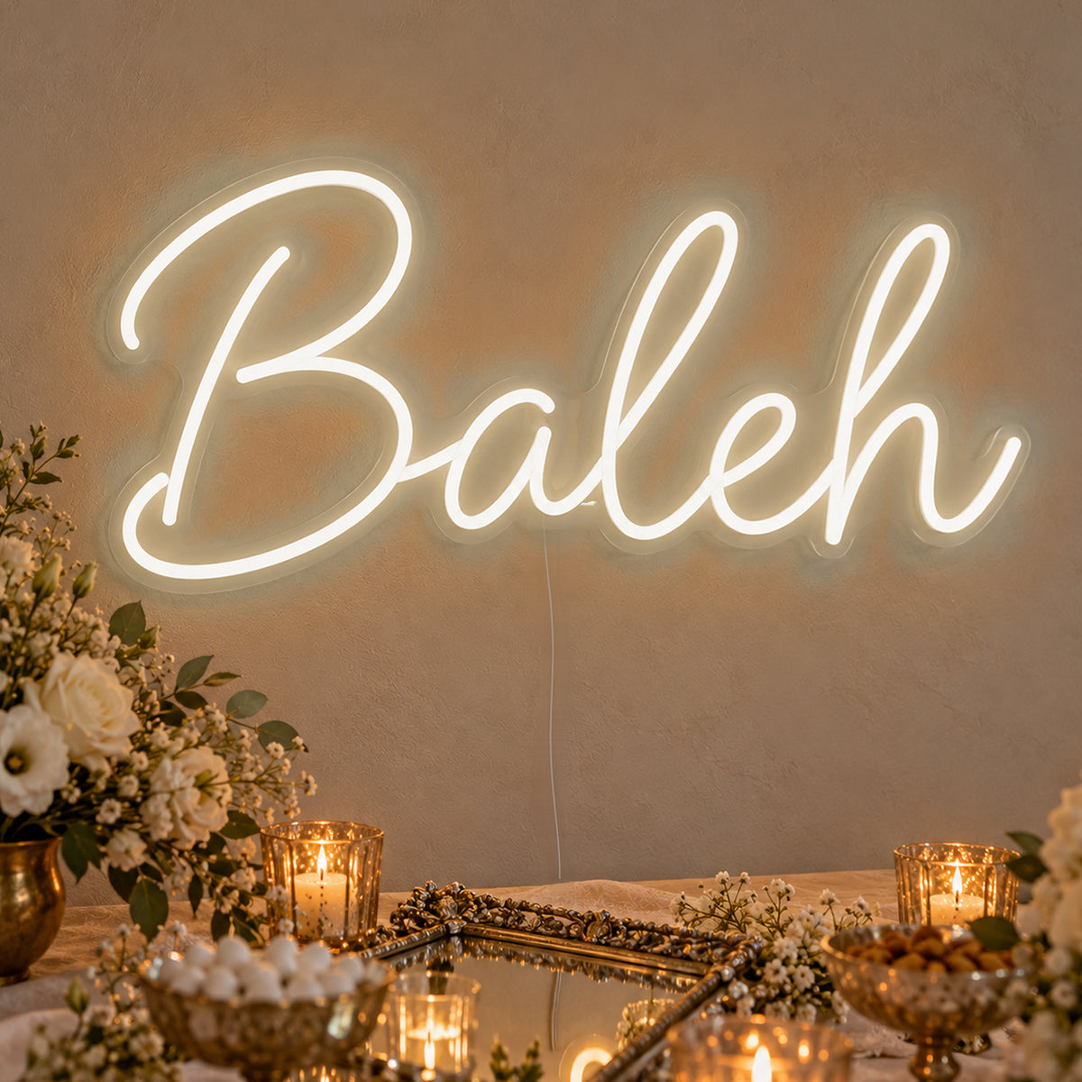 Baleh Neon Sign in warm white LED neon on clear acrylic, angled view