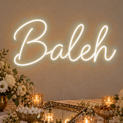 Baleh Neon Sign in warm white LED neon on clear acrylic, angled view