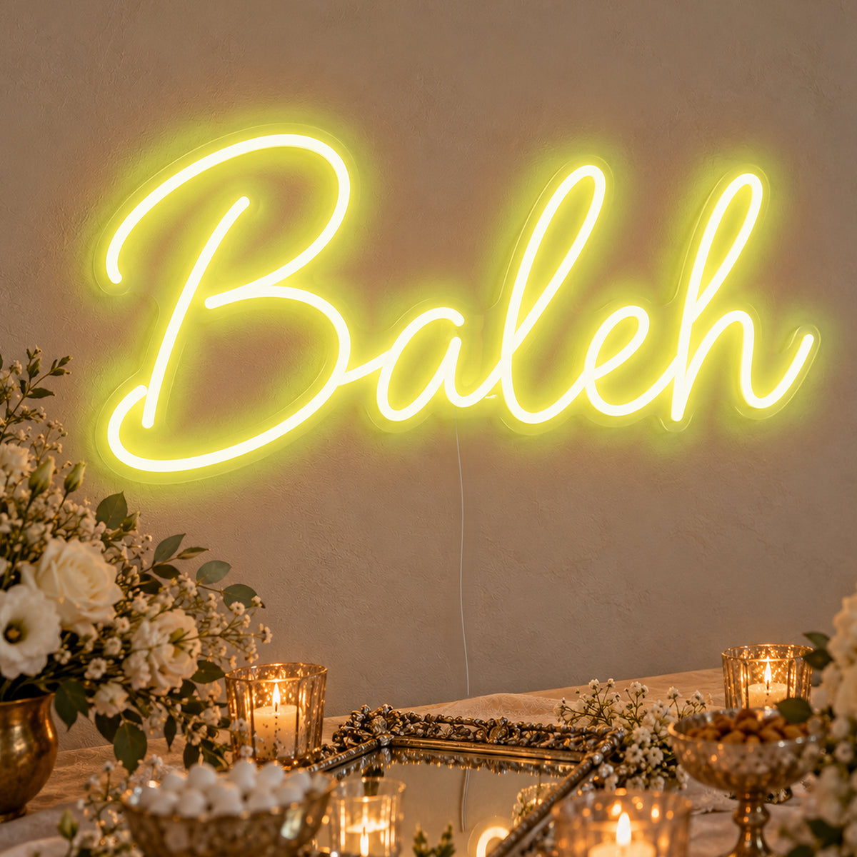 Baleh Neon Sign in yellow LED neon on clear acrylic, angled view
