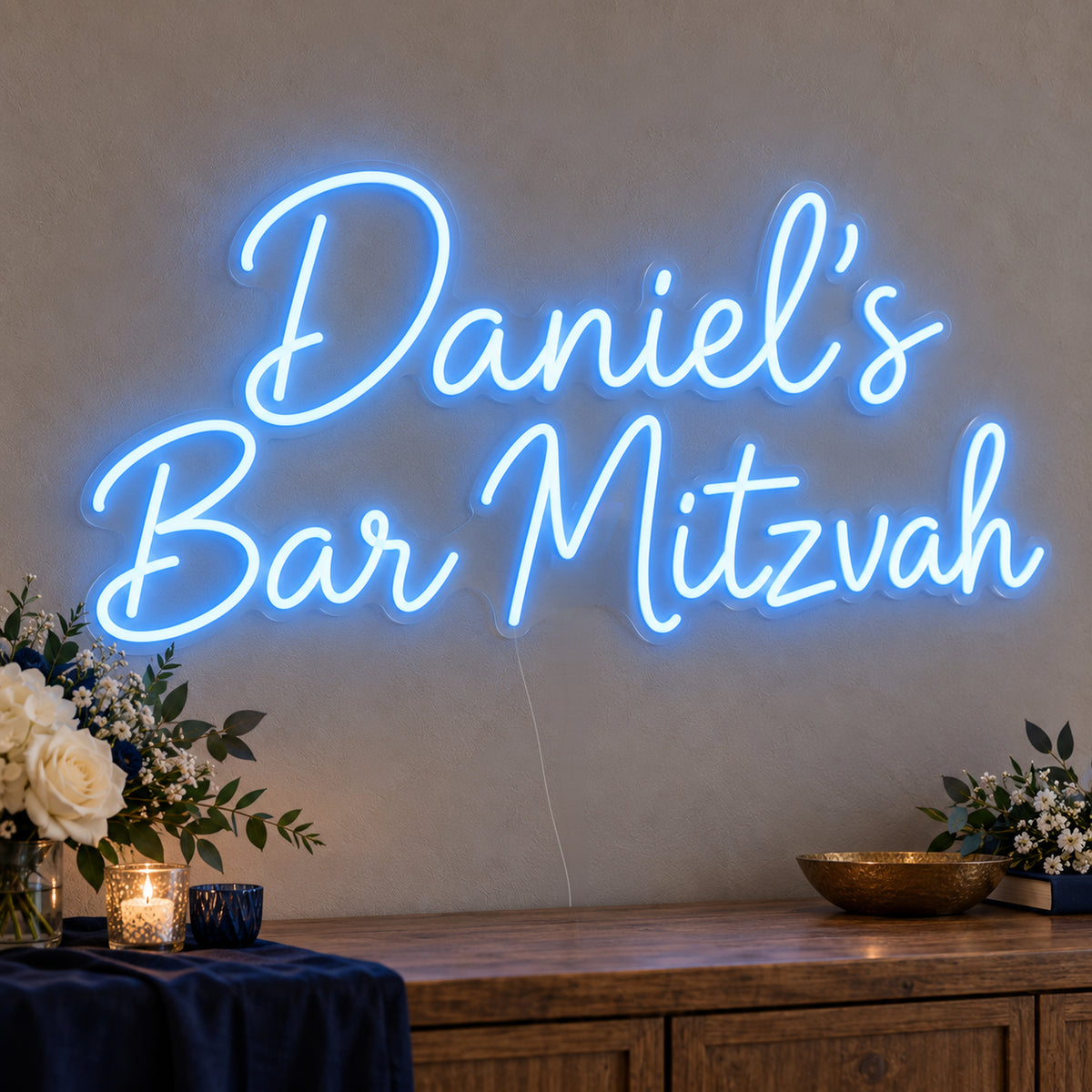 Personalised Bar Mitzvah Neon Sign on clear cut-to-shape acrylic, illuminated on a wall in a styled celebration setting; sample personalised wording shown