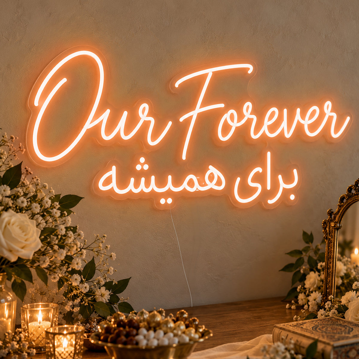 Our Forever English & Persian Neon Sign in orange LED neon on clear acrylic, angled view