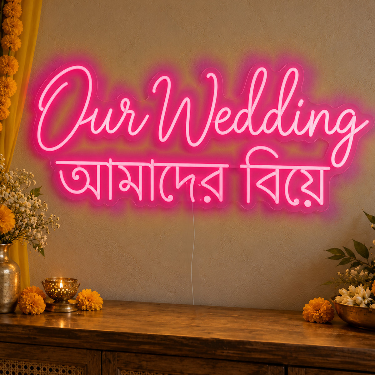 Our Wedding English & Bengali Neon Sign in rose red LED neon on clear acrylic, angled view