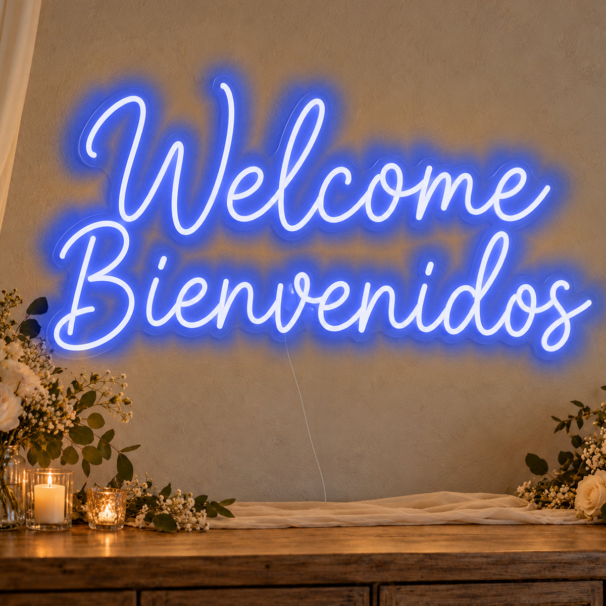 Welcome English & Spanish Neon Sign in blue LED neon on clear acrylic, angled view