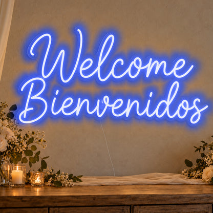 Welcome English & Spanish Neon Sign in blue LED neon on clear acrylic, angled view