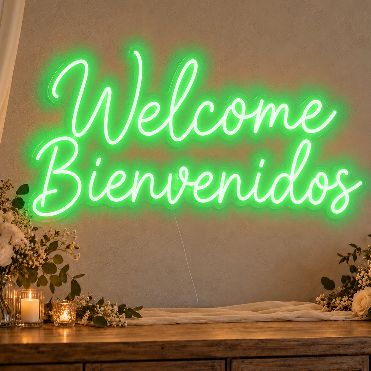 Welcome English & Spanish Neon Sign in green LED neon on clear acrylic, angled view