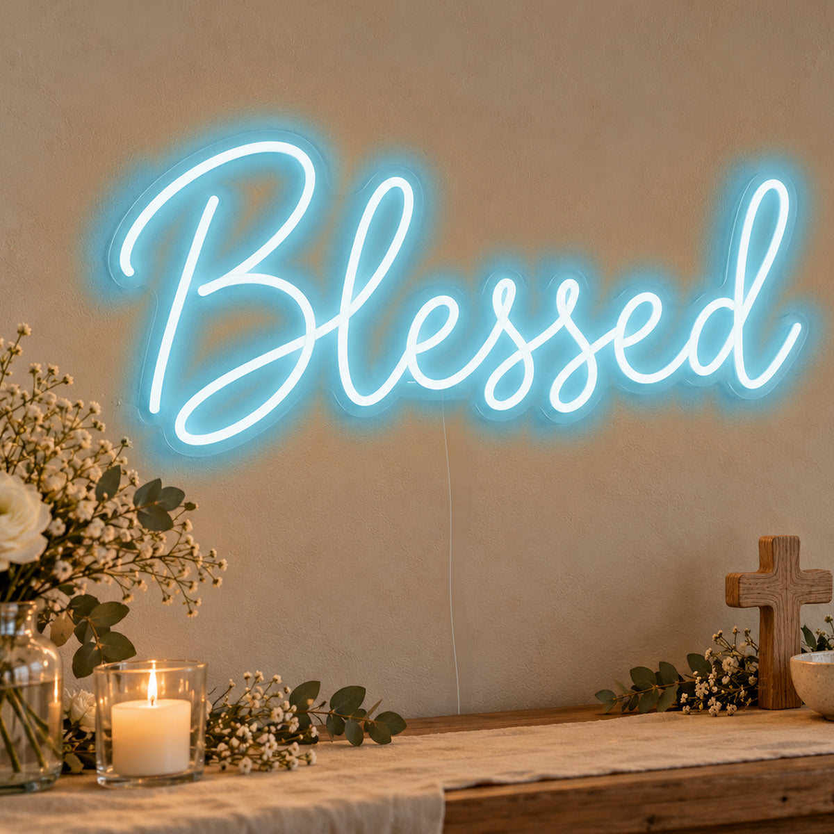 Blessed Neon Sign in ice blue LED neon on clear acrylic, angled view