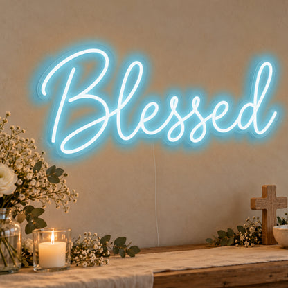 Blessed Neon Sign in ice blue LED neon on clear acrylic, angled view