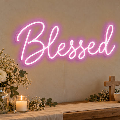 Blessed Neon Sign in pink LED neon on clear acrylic, angled view