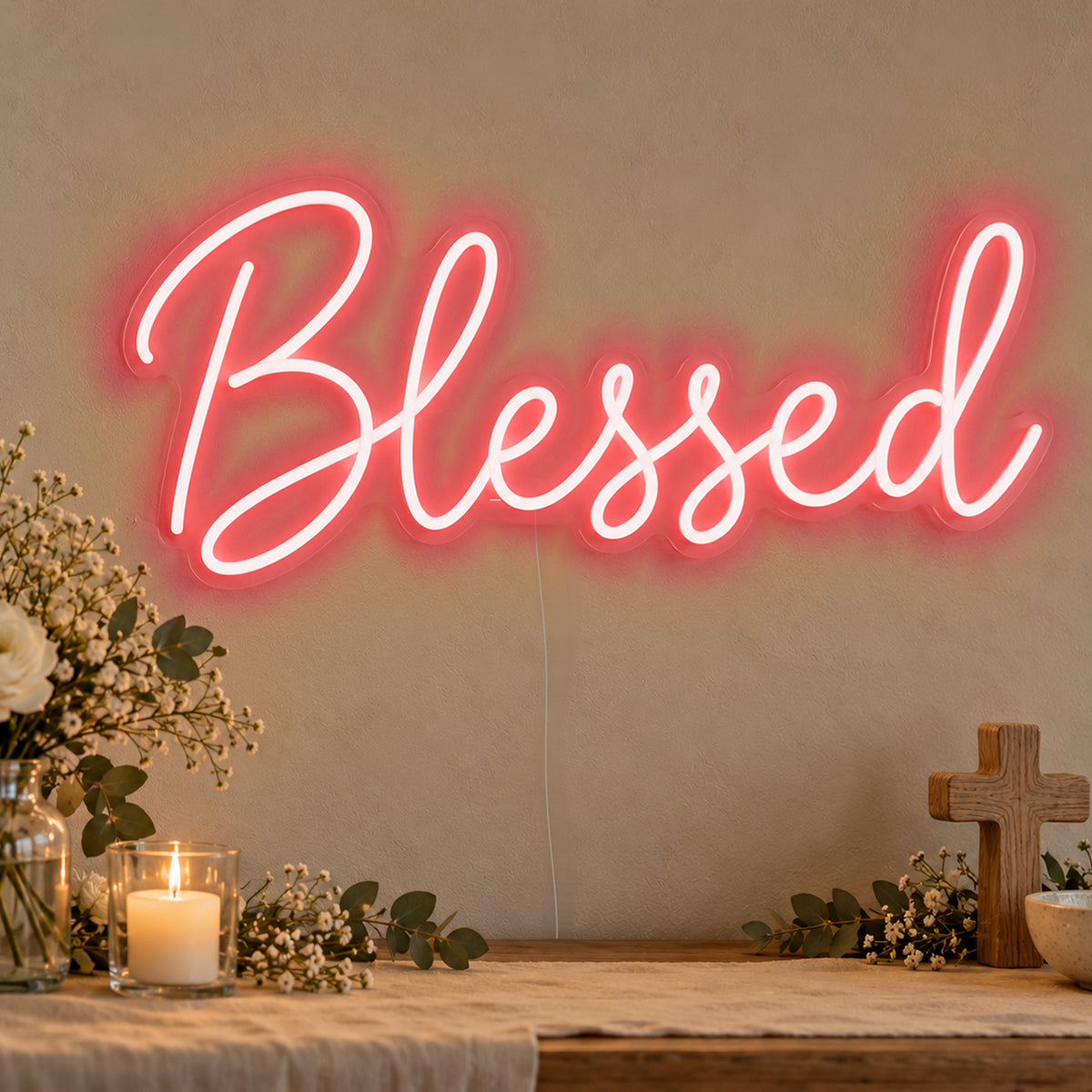 Blessed Neon Sign in red LED neon on clear acrylic, angled view