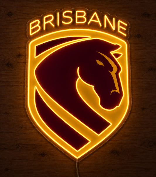 Brisbane Broncos Neon Sign glowing in dimmed lighting